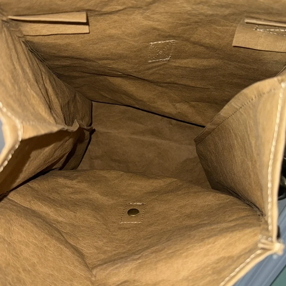 Eco-Beige Brown Leather-Trimmed Brown Paper Bag Crossbody Bag Recycled 9x11x5.5 - Picture 9 of 11